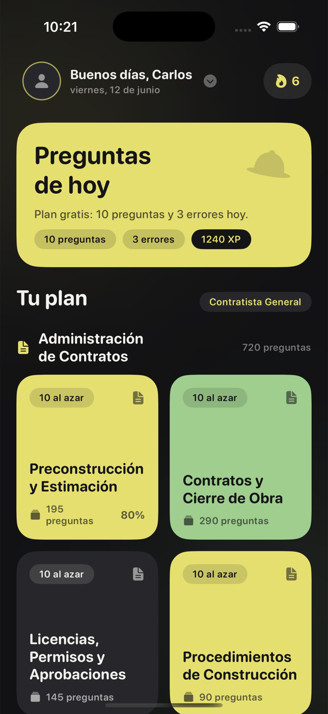 Pantalla principal de Brickly con los temas del examen
